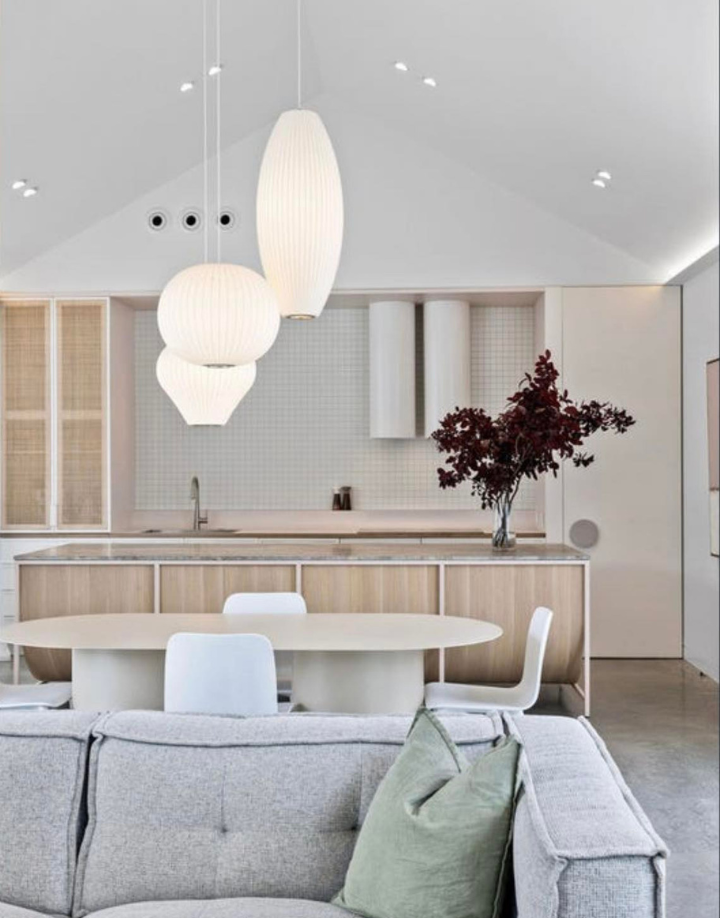 Kitchen with handmade shaker-style timber grain drawer fronts and hand-laminated island