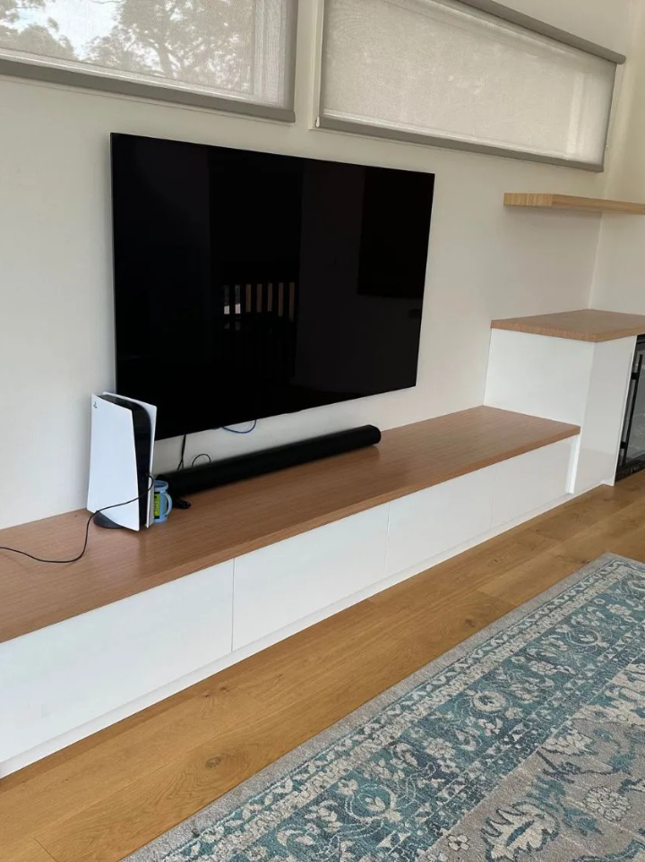 Red Hill TV unit, study, and rumpus room with Tassie oak veneer and white doors
